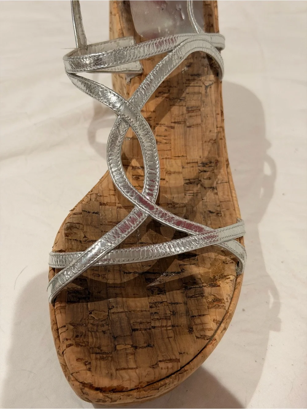 Stuart Weitzman Silver Metallic Strappy Cork Wedge Sandals - Picture 10 of 10